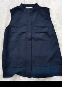 Sleeveless Navy Blue Button-Up Top