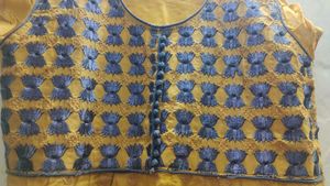 Yellow Anarkali Gown with Dark Blue Motifs