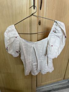 White Embroidered Puff Sleeve Top