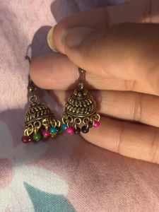 golden Jhumka Earrings with Beads
