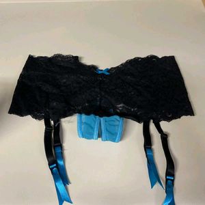 Lacy Black Garter Belt with Blue Bows