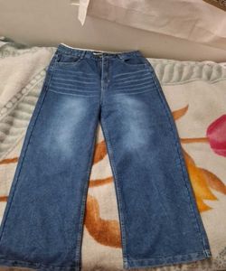 Wide Leg Blue Jeans with Lace Trim
