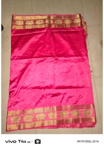 Vibrant Pink Silk Saree with Gold Border
