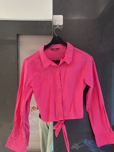 Vibrant Pink Cropped Tie-Front Shirt
