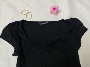Black Ribbed Sweetheart Neck Top