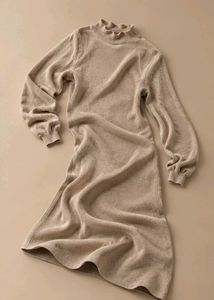 BEIGE HIGH NECK LONG SLEEVE KNIT DRESS