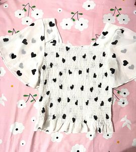 Heart Print Shirred Flutter Sleeve Top