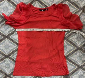 Chic Red Top with Sheer Sleeves