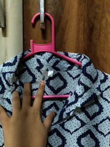 White With Blue ikat print Long Kurti