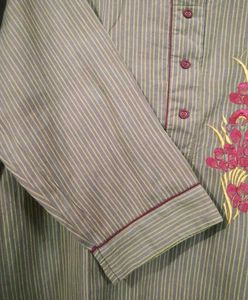 Olive Striped Kurta with Floral Embroidery