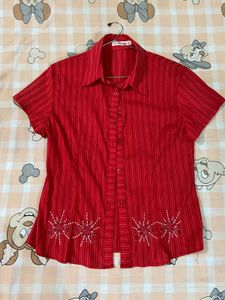Red Striped Button-Up Blouse