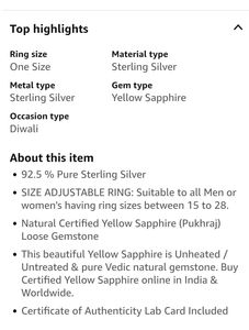 Pure Silver yellow sapphire ring (astrological pur