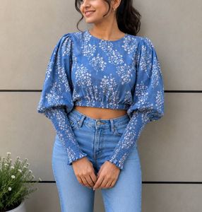 /Pinteresty blue Floral Puff sleeve crop Top