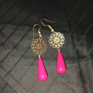 Golden Pink Danglers Earrings