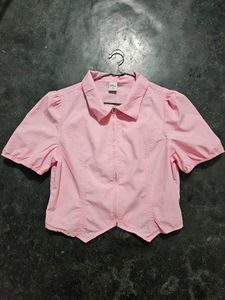 Pink Puff Sleeve Zip-Up Top