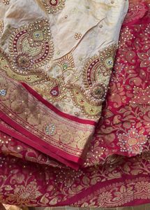 Elegant Cream &amp; Red Embroidered Saree