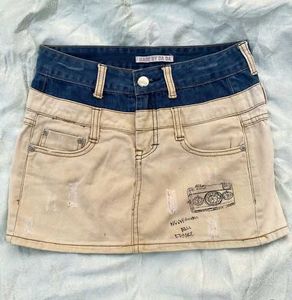 Unique Two-Tone Denim Mini Skirt with Graphic Prin