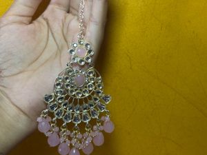 Elegant Pink Stone Earrings and mangtika