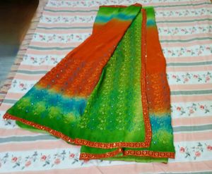 Party Wear Saree(Orange &amp; Green Colour)