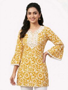 Yellow Floral Print Kurta with Lace Detail