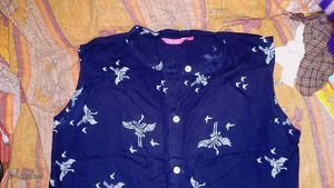 Navy Blue Bird Print Sleeveless Kurta