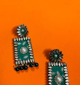 Fancy Fabric Earrings Colour Green Party Wear Earr
