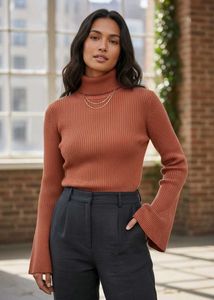 Ribbed Turtleneck Sweater with Bell Sleeves