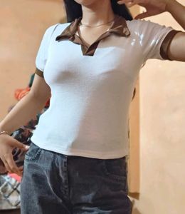 White &amp; Brown Ribbed Crop Top