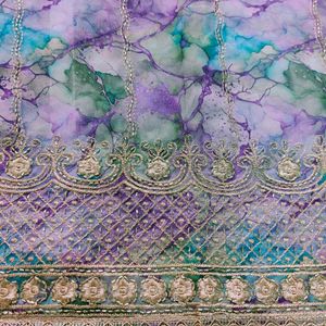Purple Print Organza Zari Embroidered Party Wear U