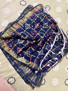 Blue Bandhani Scarf with Tassels