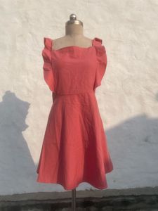 Coral Square Neck Ruffle Dress