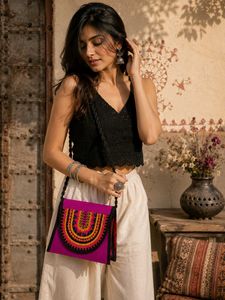 Vibrant Embroidered pink sling Bag