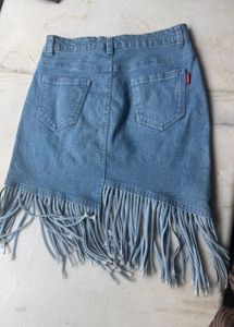 Light Blue Denim Fringe Mini Skirt