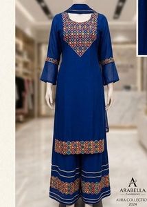 Blue Mirror Work Kurta Sharara Set