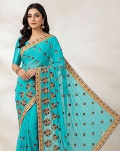 Elegant Teal Embroidered Saree