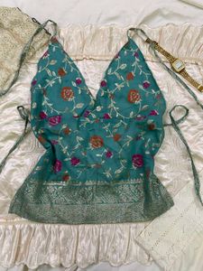 y2k Elegant Teal Floral Halter Top