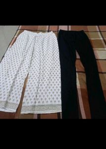 White Printed Palazzo & Black Leggings Combo