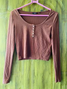 Brown Ribbed Long Sleeve Crop Top
