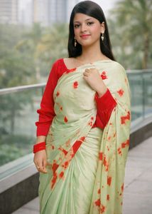Elegant Mint Green Floral Saree with Red Blouse |
