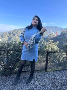 Stylish Blue Knit Dress with Scarf