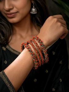 Red - Orange Boho Beaded set of 4 Bangles