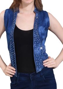 Stylish Blue Denim Vest with Rhinestones, Sleevele