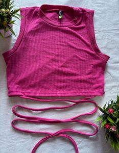 Pink Ribbed Crop Top with Tie Detail (Size-M)