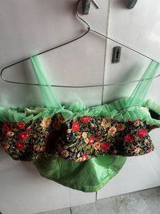 Lehenga Peach Color With Green Off Shoulder Blouse Fitting Margin Available