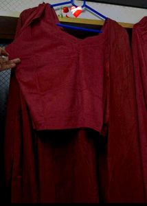 Maroon Kurta Set with Skirt and Jacket