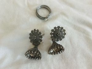 Oxidized Silver Jhumka Earrings &amp; Ring