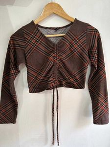 Brown Plaid Ruched Tie-Front Crop Top-Ful