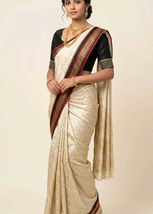 Off-White Saree with Red &amp; Black Border
