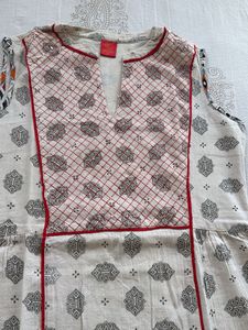 Elegant Cream &amp; Red Kurti Set Branded Linen