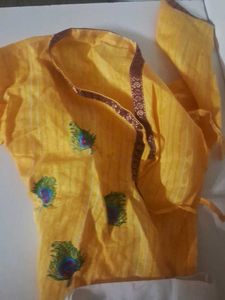 Yellow Kurta with Peacock Embroidery